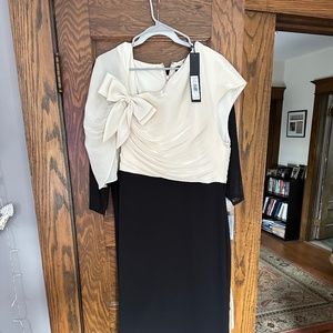 Two tone long formal  gown with embellished bow on shoulder